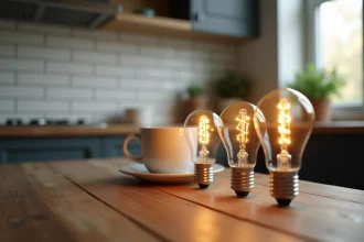 Ampoules à petit culot E14 posées sur un plan de travail en bois dans une cuisine moderne
