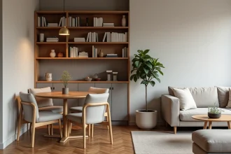 Petit salon et salle à manger réunis dans un appartement parisien avec table ronde en chêne et étagère séparatrice