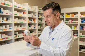 Pharmacien en blouse blanche examinant la fiche technique d'un médicament Aedex Ec dans une pharmacie moderne