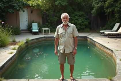 Homme inquiet regardant la piscine abandonnée