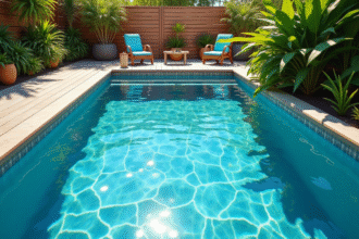 Piscine moderne en extérieur avec eau bleue et accessoires colorés