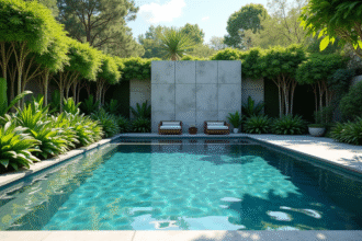 Piscine extérieure moderne avec pierres naturelles et plantes vertes