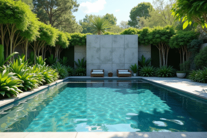 Piscine extérieure moderne avec pierres naturelles et plantes vertes