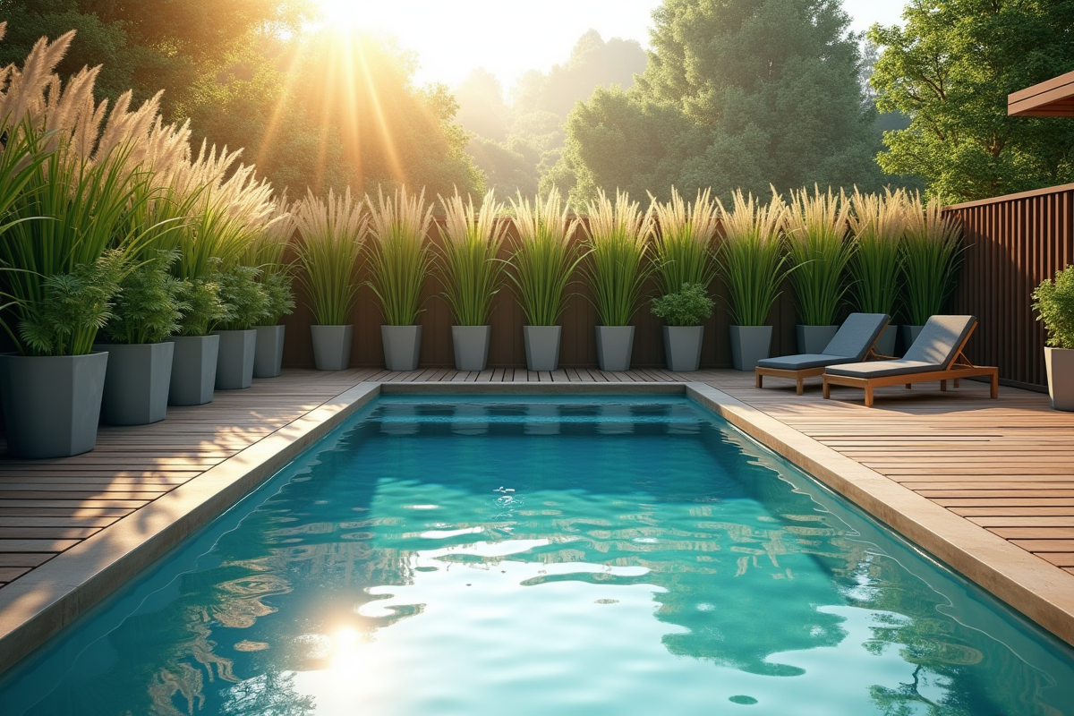 Piscine familiale avec terrasse en bois et hautes plantes décoratives