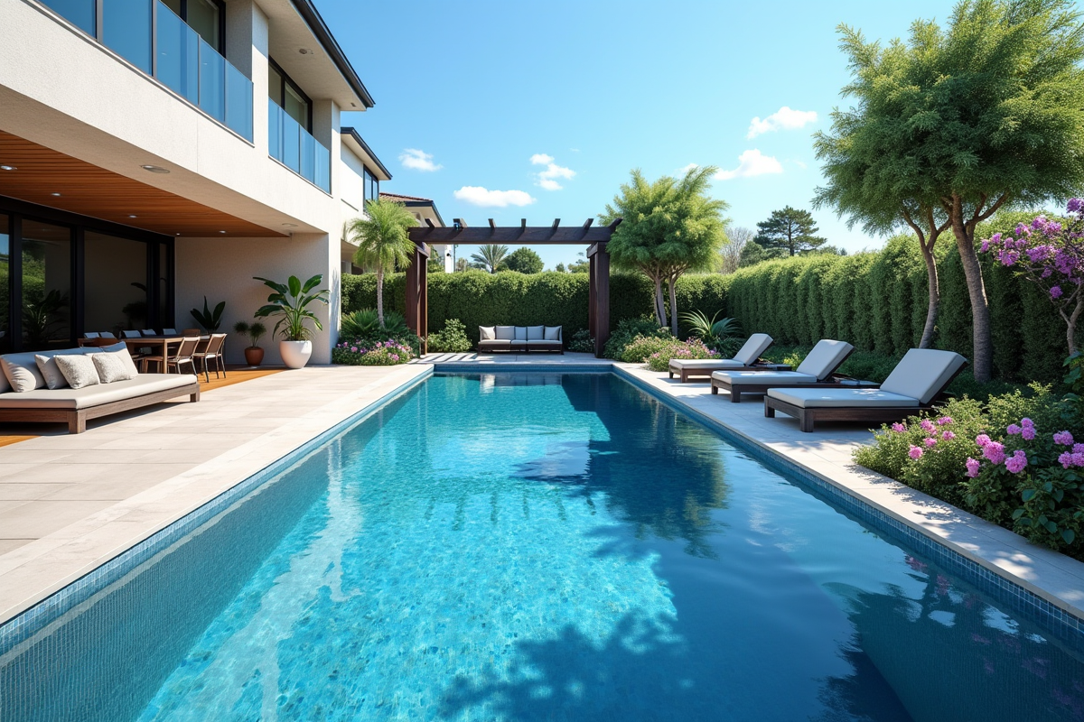 Piscine privée avec bord à infinity et éclairage LED sous l