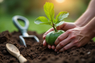 Mains de jardinier plantant un jeune figuier dans un sol humide
