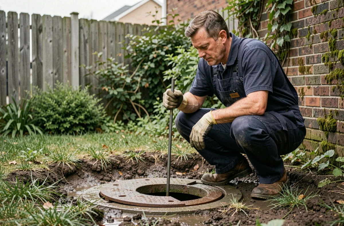 Plombier inspectant un drain de fosse septique saturé dans un jardin résidentiel