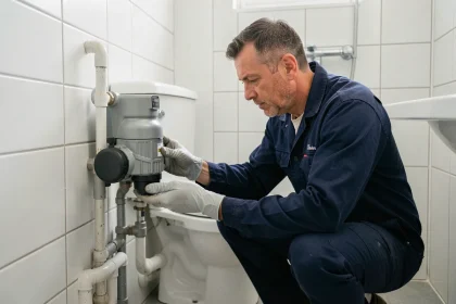 Plombier en train d'inspecter un sanibroyeur mural dans une salle de bain compacte pour diagnostiquer un problème de reflux d'air