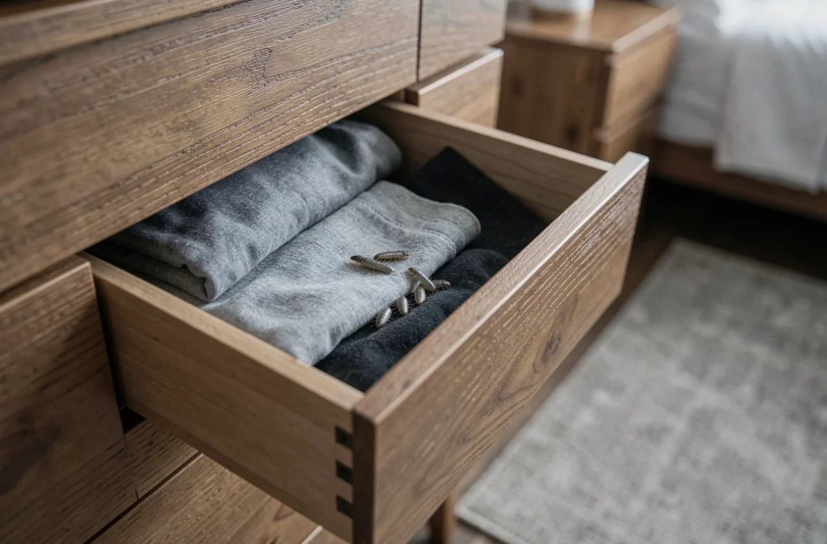 Poissons d'argent découverts dans un tiroir de chambre à coucher parmi des vêtements pliés