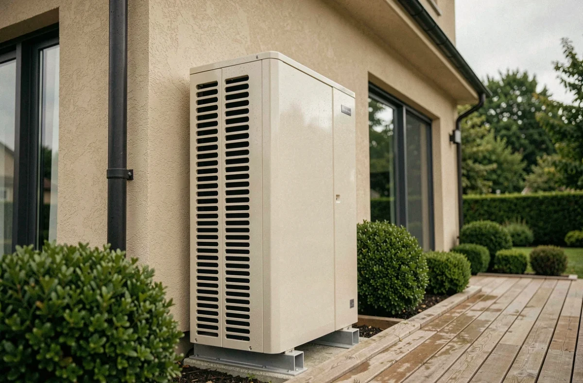 Pompe à chaleur air-eau installée sur la façade extérieure d'une maison individuelle de 150 m2