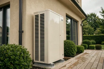 Pompe à chaleur air-eau installée sur la façade extérieure d'une maison individuelle de 150 m2