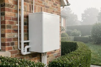 Pompe à chaleur Alfea Extensa Duo installée sur la façade extérieure d'une maison individuelle en brique