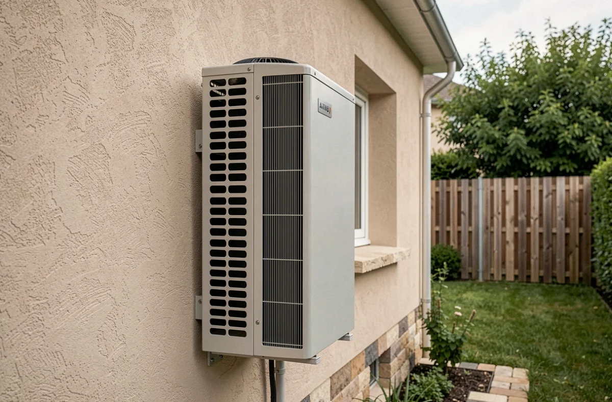 Pompe à chaleur air-air installée sur la façade extérieure d'une maison de 100 m2