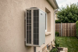 Pompe à chaleur air-air installée sur la façade extérieure d'une maison de 100 m2