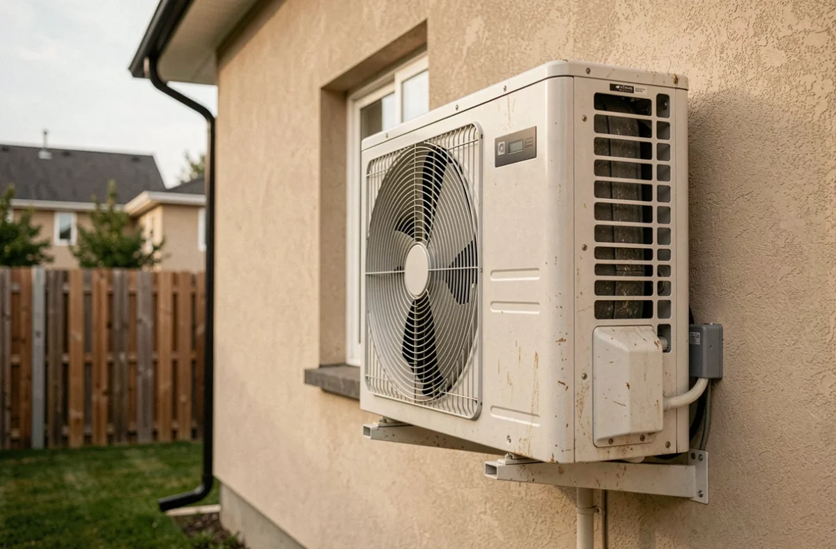 Pompe à chaleur air-air installée sur la façade extérieure d'une maison individuelle contemporaine