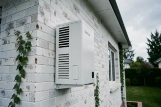Pompe à chaleur réversible installée sur la façade extérieure d'une maison contemporaine
