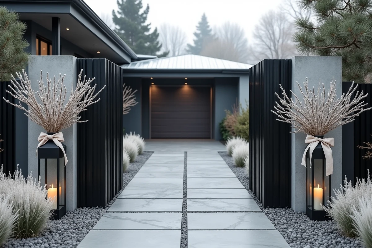 Portail contemporain en acier noir avec décoration de Noël épurée, lanternes et branches blanches sur allée moderne