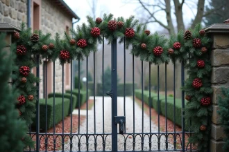 Portail en fer forgé décoré d'une guirlande de sapin, pommes de pin et baies rouges pour Noël
