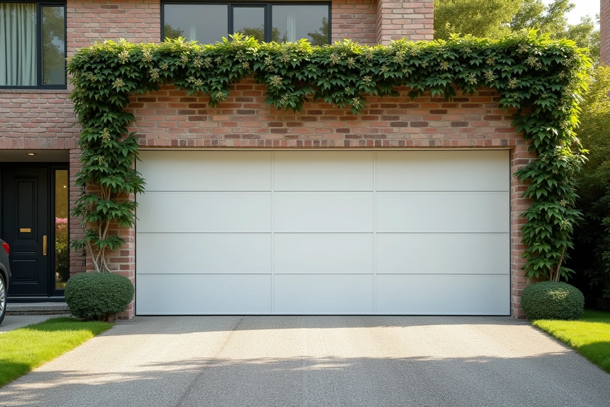 Porte de garage double en acier blanc avec SUV familial dans l'allée d'une maison pavillonnaire moderne