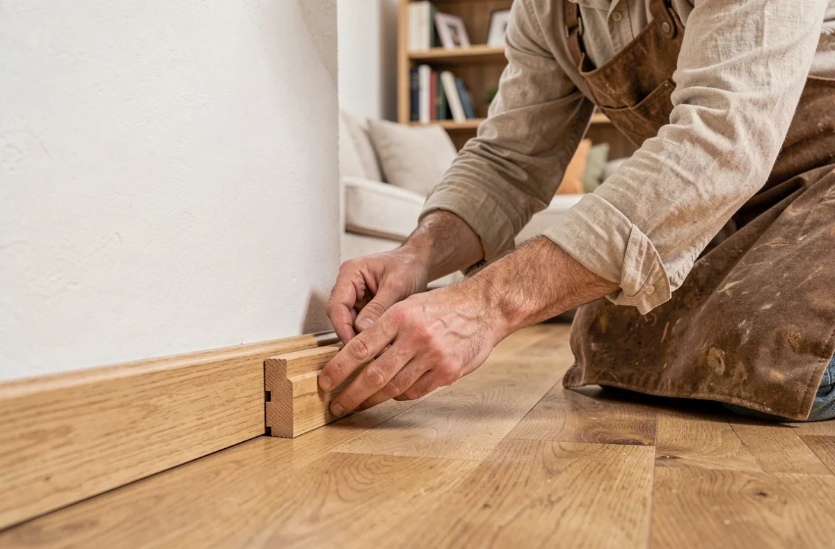 Pose d'un cache angle plinthe en bois sur parquet chêne clair par un menuisier expérimenté