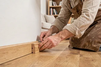 Pose d'un cache angle plinthe en bois sur parquet chêne clair par un menuisier expérimenté