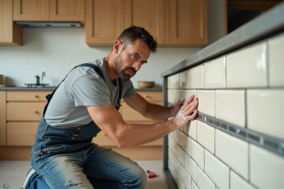 Carreleur professionnel posant une cornière aluminium sur un carrelage de cuisine en cours de rénovation