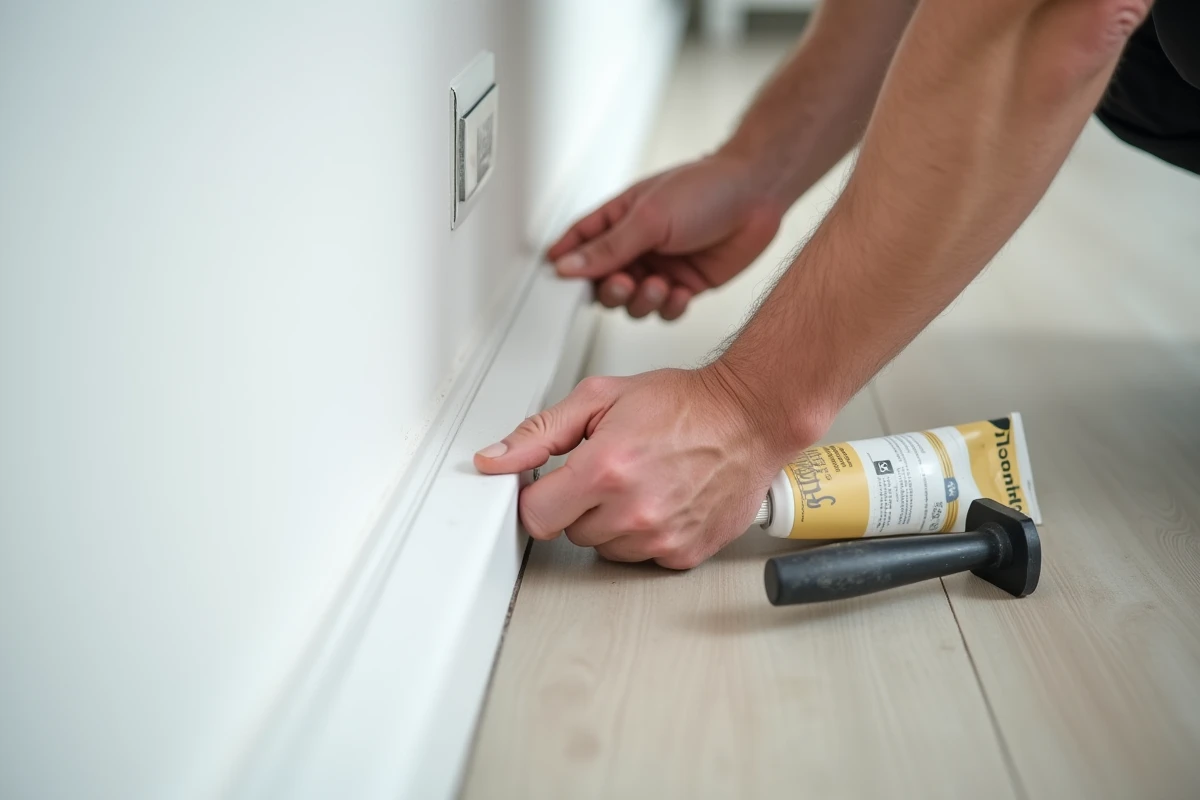 Pose d'une plinthe en angle dans un couloir moderne avec joint d'onglet ajusté, colle de construction et maillet en caoutchouc visibles au sol