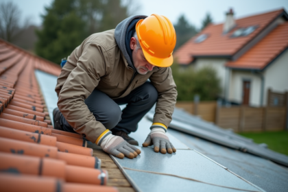 Ouvrier poseur d isolation sur toit de maison