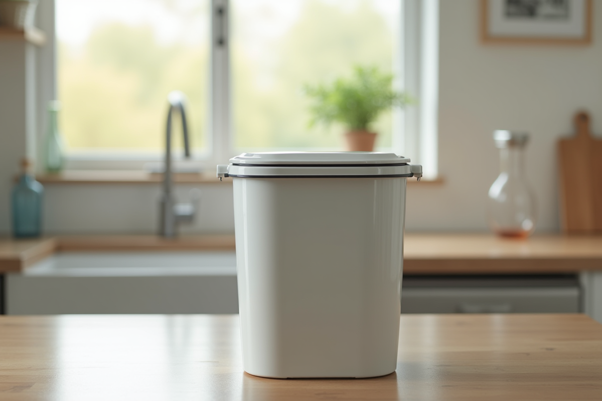 Poubelle de cuisine propre avec couvercle fermé en lumière naturelle