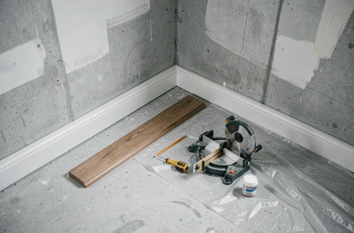 Préparation de la coupe d'un cache angle plinthe bois avec outils de menuiserie dans une pièce en rénovation