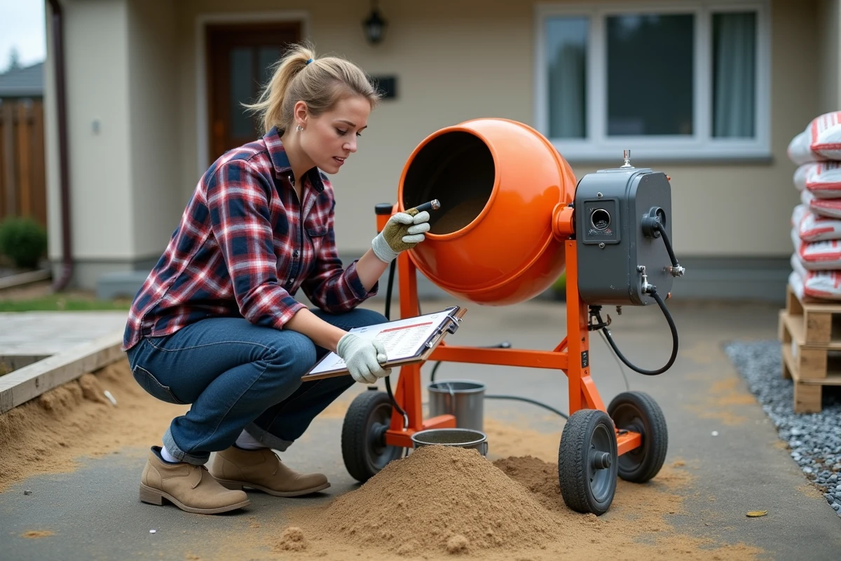 Femme dosant du sable pour préparer un mélange de chape béton avec une bétonnière sur une allée résidentielle