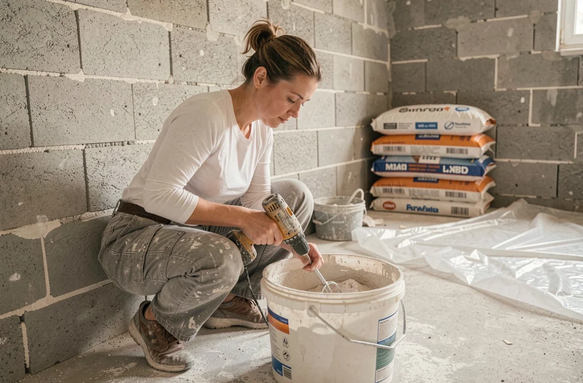 Femme préparant le mélange d'enduit dans un seau pour la rénovation d'un mur intérieur en parpaings