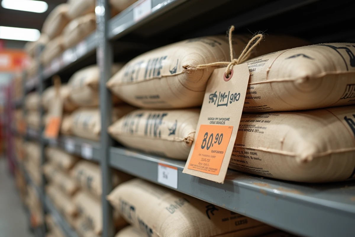 Étiquette de prix promotionnel sur des sacs de pellets de bois en rayon de supermarché
