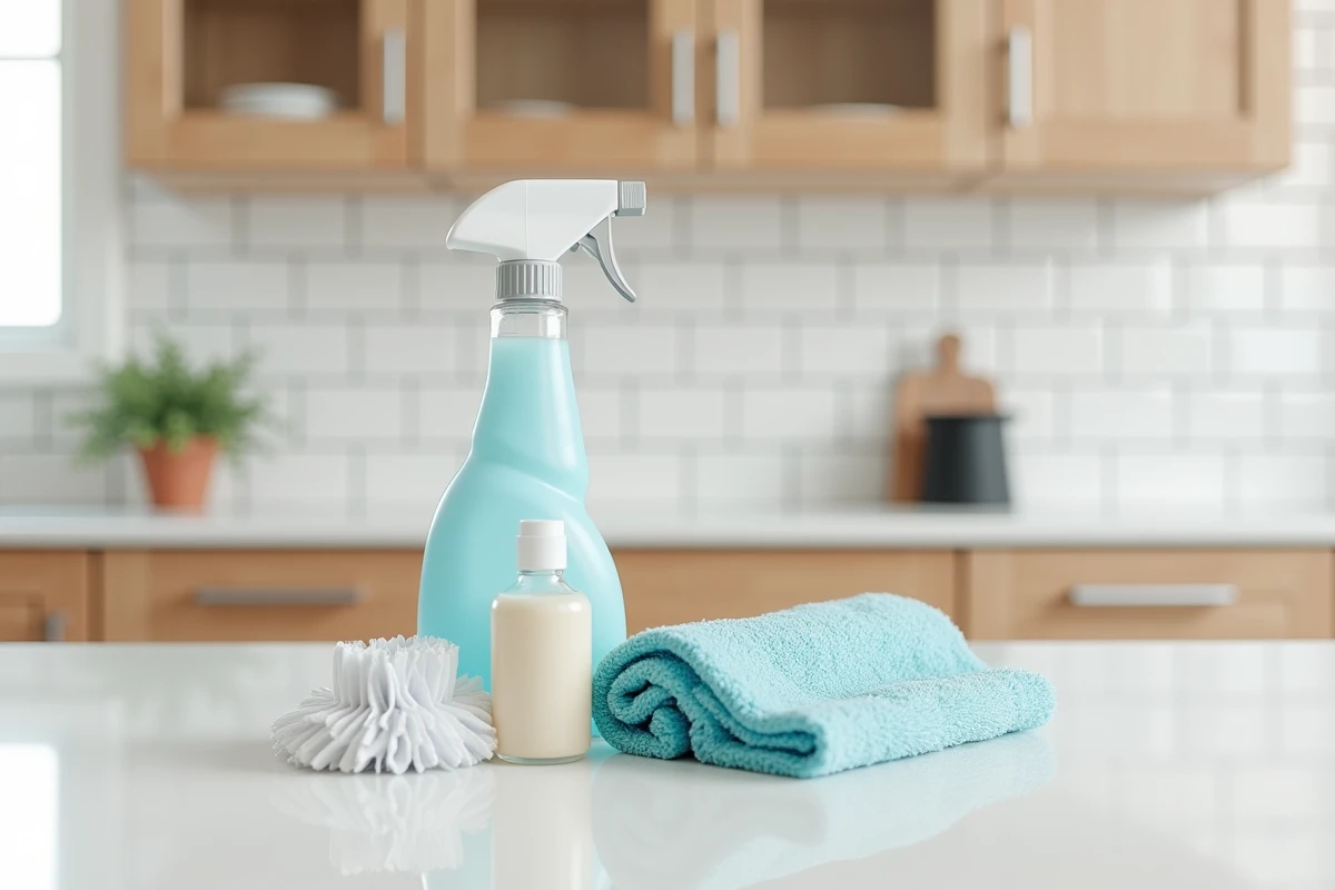 Produits nettoyants pas chers pour parquet stratifié disposés sur un plan de travail de cuisine