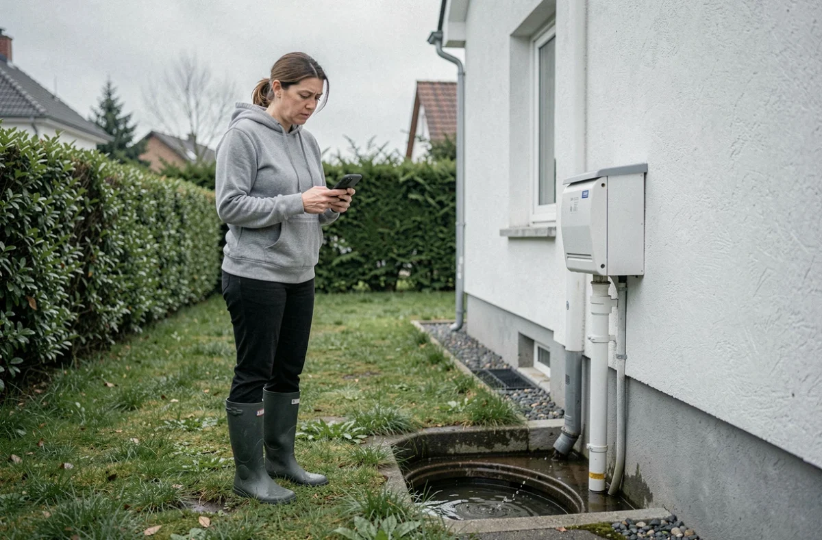 Femme propriétaire face à un drain de fosse septique débordant dans son jardin