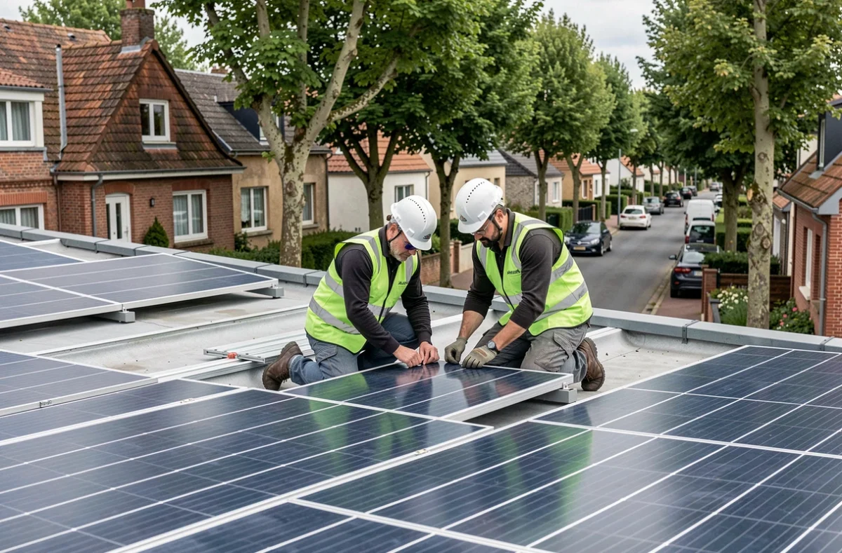 Équipe de Pure Solar posant des panneaux photovoltaïques sur un toit résidentiel en Essonne