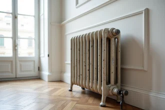 Radiateur en fonte traditionnel à colonnes avec patine ancienne dans un appartement haussmannien, parquet en point de Hongrie visible en arrière-plan