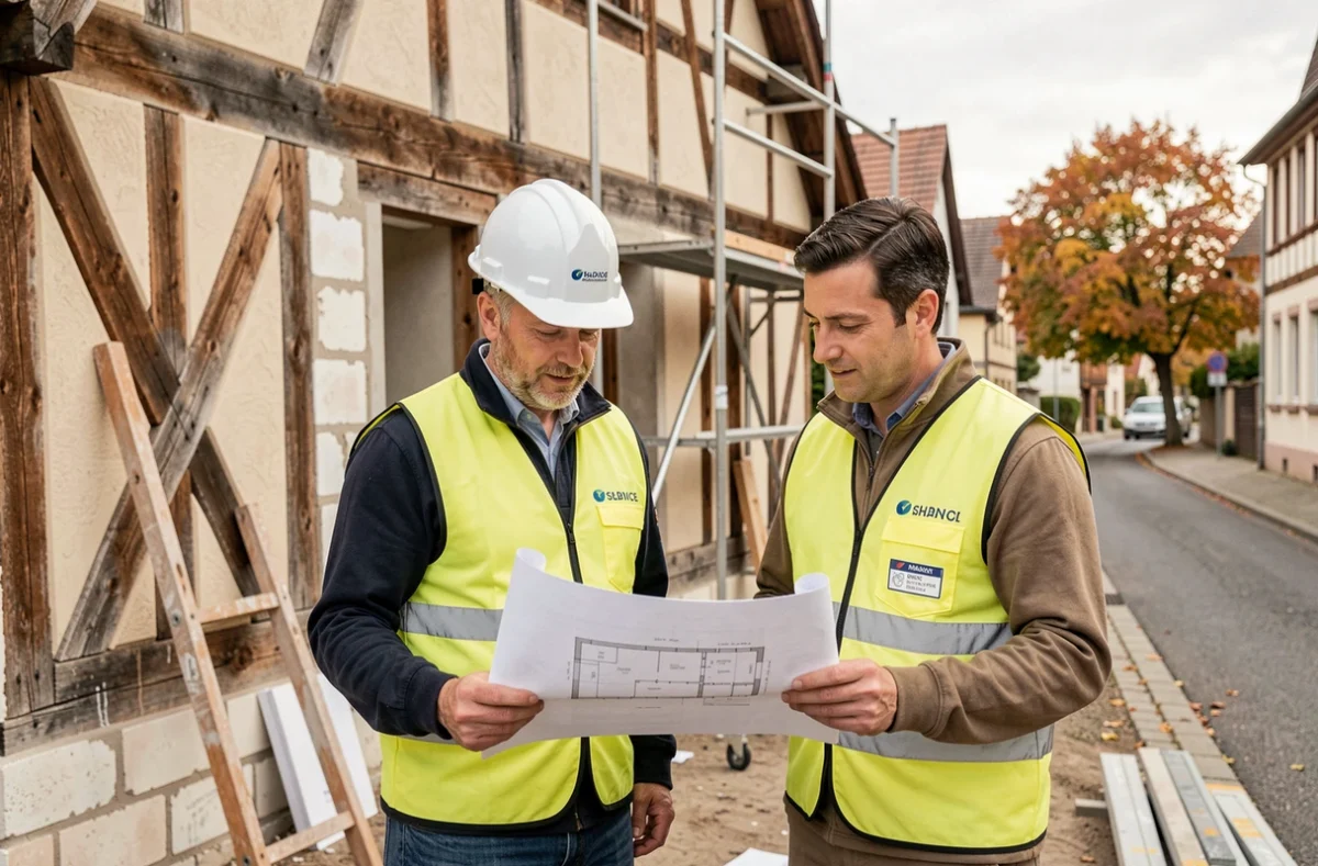 Entreprise de rénovation devant une maison alsacienne à colombages dans le Bas-Rhin, classement 2026
