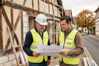 Entreprise de rénovation devant une maison alsacienne à colombages dans le Bas-Rhin, classement 2026