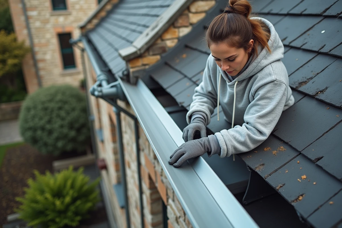 Femme spécialiste en rénovation alignant des gouttières zinc sur une maison