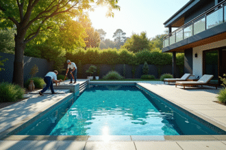 Rénovation moderne d'une piscine extérieure en cours avec des ouvriers