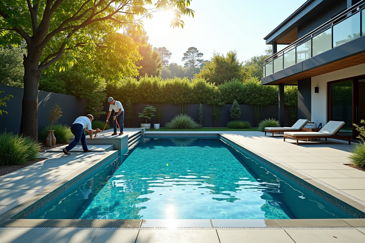 Rénovation moderne d'une piscine extérieure en cours avec des ouvriers