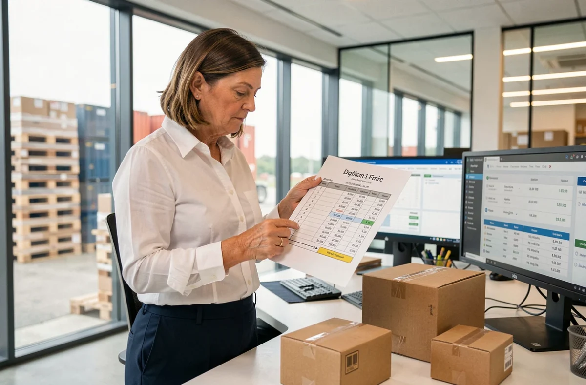 Responsable logistique comparant les dimensions de cartons sur un tableau de coûts pour optimiser les frais d'expédition