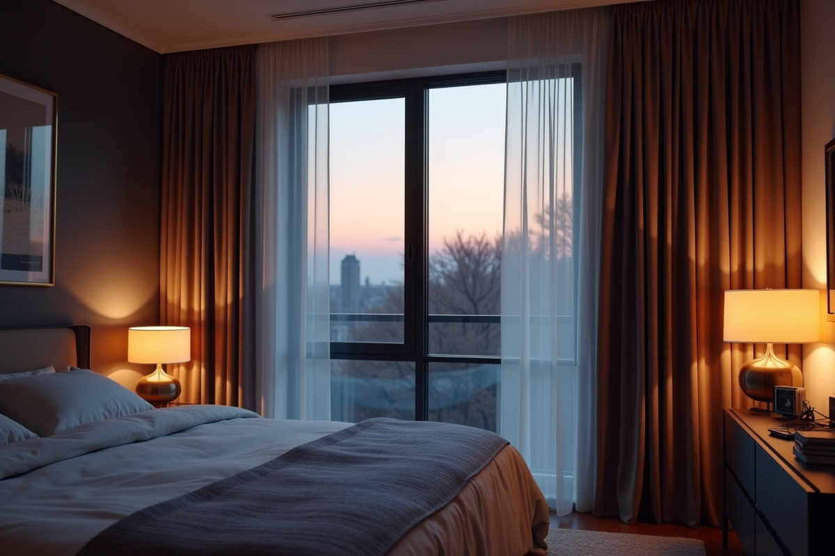 Rideaux à plis réguliers dans une chambre au crépuscule