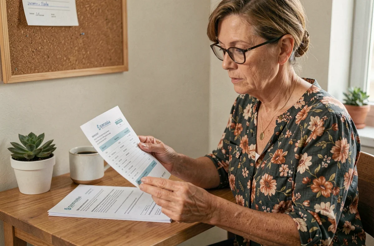 Femme consultant un bulletin de salaire et un contrat de travail pour employé de maison à son bureau