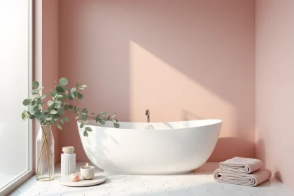 Salle de bain couleur rose poudré avec baignoire îlot blanche et décoration spa épurée