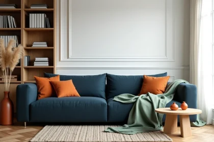 Salon moderne avec canapé bleu marine associé à des coussins terracotta et un jeté vert sauge pour une décoration intérieure contemporaine