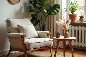 Salon naturel et durable avec fauteuil en lin, table en chêne recyclé, plantes vertes et vase en terre cuite dans un esprit déco scandinave