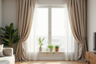 Salon moderne avec grande fenêtre et rideaux légers