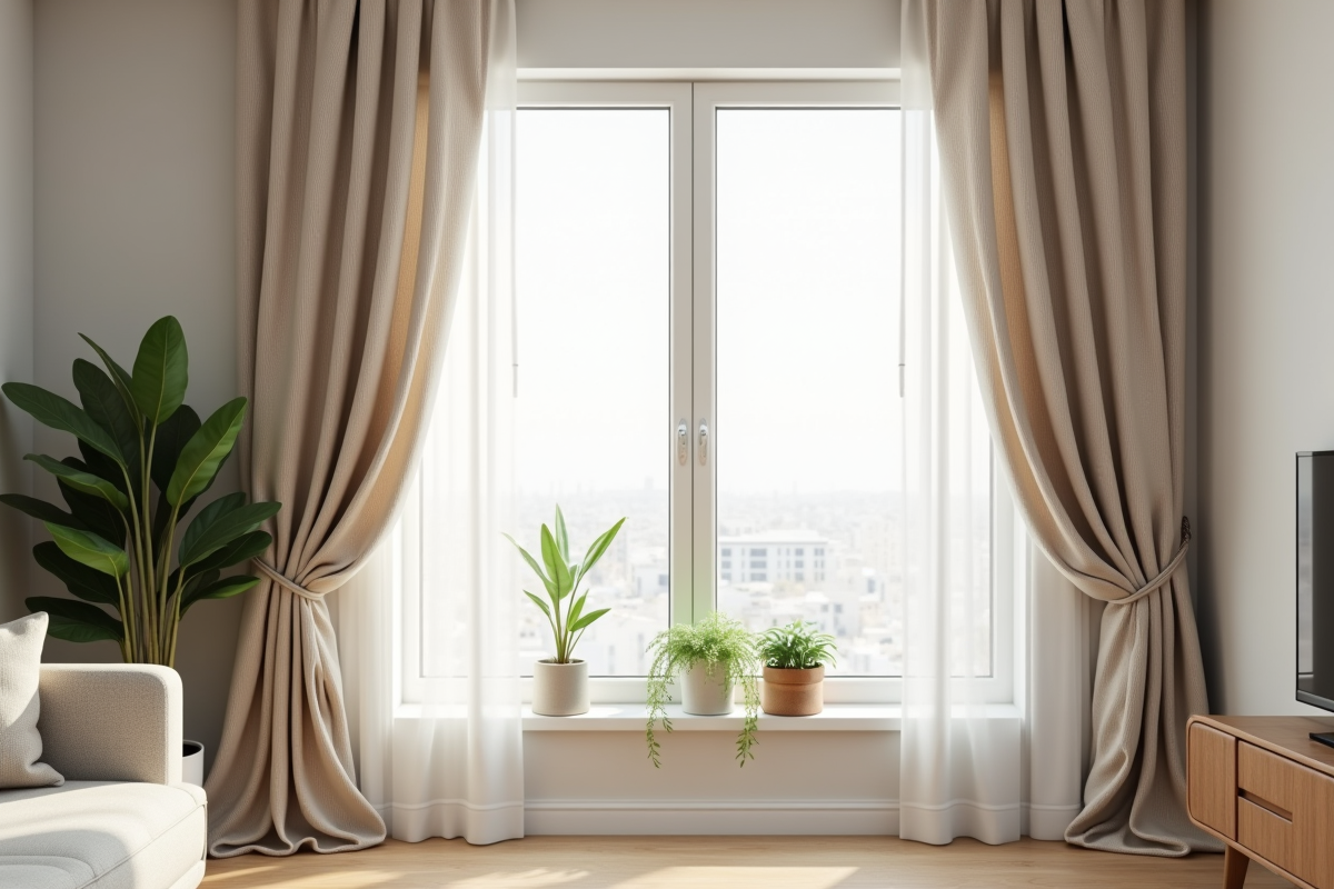 Salon moderne avec grande fenêtre et rideaux légers